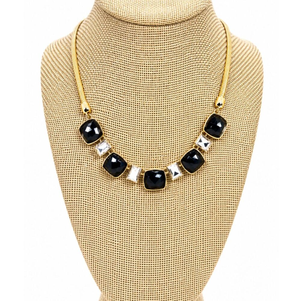 ANNE KLEIN NECKLACE Black Crystal Bib Collar Gold Tone Rhinestone Statement